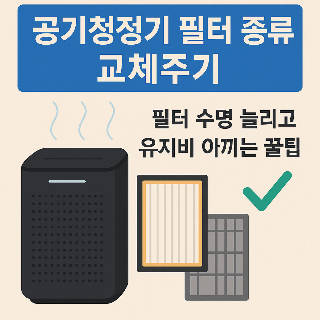 공기청정기 필터 종류와 유지비 아끼는 꿀팁에 대해 설명하겠다고 알리는 메인 이미지 공기청정기와 필터 두개가 나란이 놓여 있다