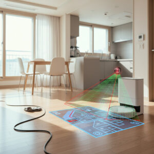 거실 바닥의 전선과 양말을 피해 정확하게 청소 경로를 수정하며 우회하는 스마트 로봇청소기