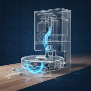 로봇청소기 내부 단면 X-ray 이미지. 브러시와 먼지통으로 향하는 공기 흐름 설계가 강조된 모습