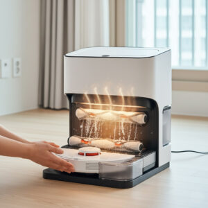 물걸레 로봇청소기 추천할만한 두번째 기준 올인원 스테이션에 도킹되어 물걸레가 자동으로 세척되고 온풍 건조되는 위생적인 모습