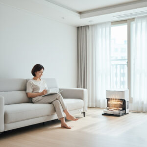 깨끗한 거실 소파에 앉아 편안하게 휴식하는 주부. 배경에서는 로봇청소기가 청소를 마치는 모습