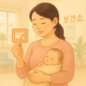 한국인 임산부 및 신생아, 산후조리와 바우처 지원금을 상징하는 따뜻한 이미지