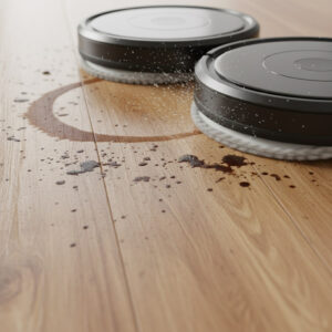 바닥의 묵은 얼룩을 강한 압력과 고속 회전으로 닦아내는 로봇청소기 물걸레 패드 클로즈업