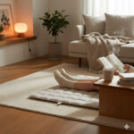 아늑한 거실 분위기의 전기요와 커피