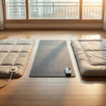 탄소매트 온수매트 전기매트 3종이 한국 아파트 거실에 나란히 놓여 두께와 조절기, 보일러 유무를 비교하는 실물 사진