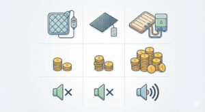 탄소매트 온수매트 전기매트의 전기세 절약 효과(동전)와 소음 발생 정도(스피커)를 시각적으로 비교한 인포그래픽 다이어그램