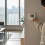 겨울철 난방비 절약을 위해 보일러 온도를 조절하는 모습, 따뜻한 실내 분위기
