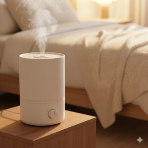 난방비 절약을 위해 실내 습도를 유지하는 가습기 사용 장면
