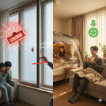 난방비 절약 전후 대비 이미지. 틈새 단열과 가습기를 통해 난방 효율을 극대화하고 가스비를 절약하는 모습.