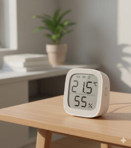 난방 효율을 높이기 위해 실내 온도와 습도를 확인하는 온습도계
