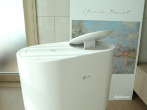 엘지 휘센 오브제 제습기의 상단 토출구가 스스로 개방 되어 작동 중인 모습