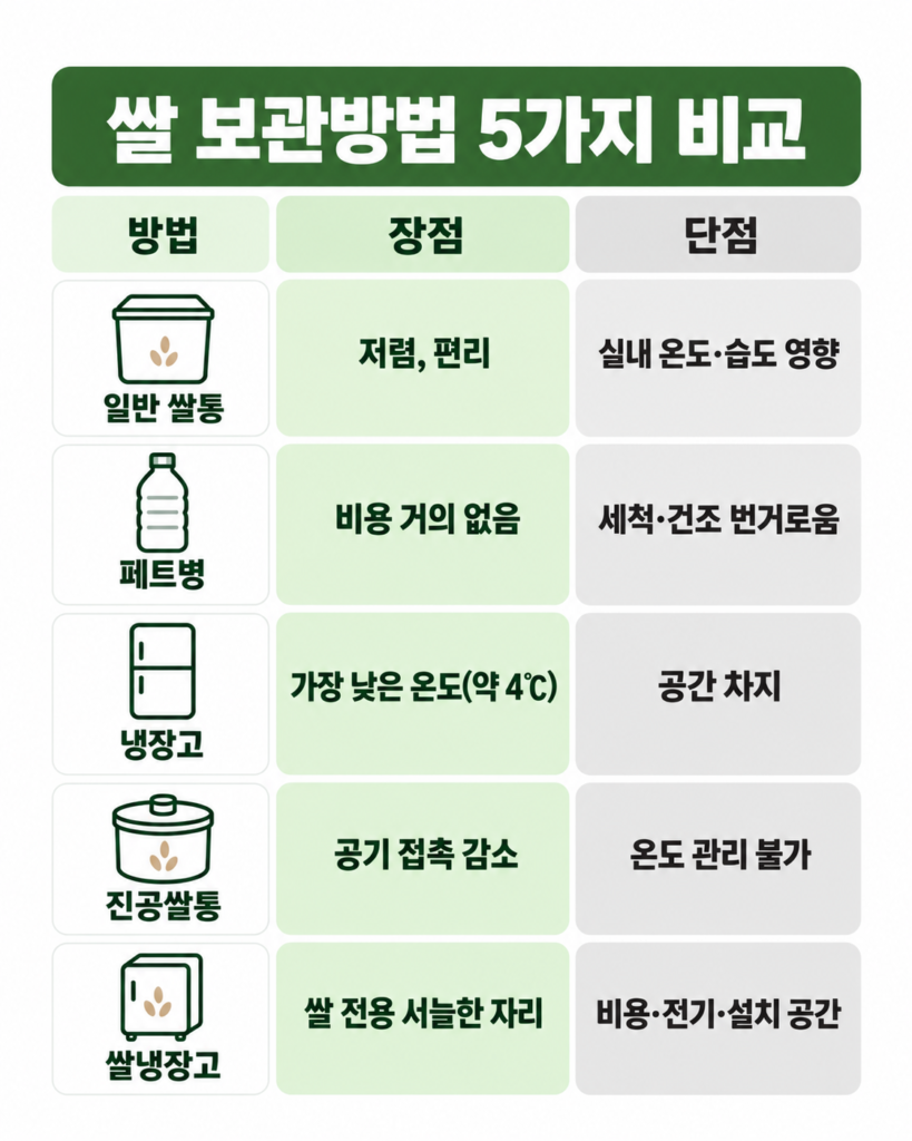 쌀 보관방법 5가지 비교표: 일반 쌀통, 페트병, 냉장고, 진공쌀통, 쌀냉장고의 장점과 단점